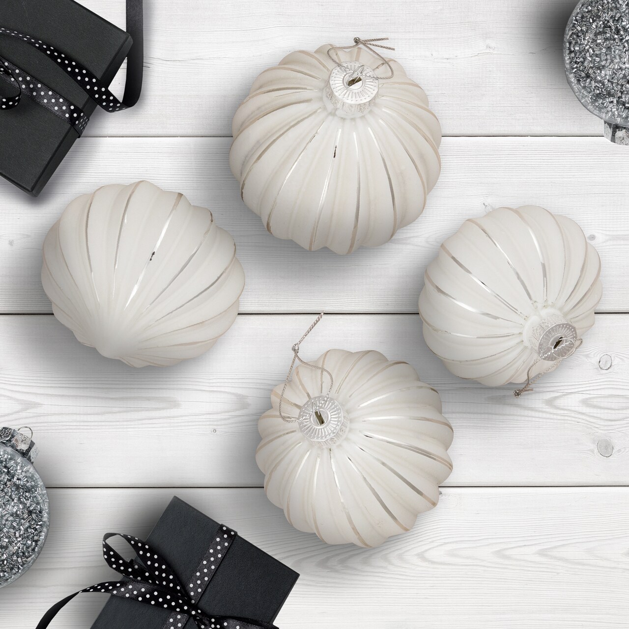 Northlight Striped Ball and Onion Glass Christmas Ornaments - 3" (80mm) - White and Silver - 4ct